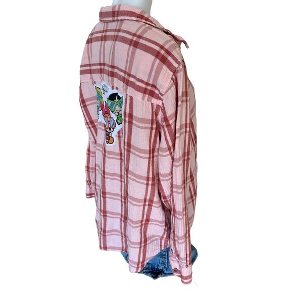 Powderpuff Plaid Gauze Shirt XXL Oversized Upcycle Unique Retro Y2Ks Shacket - Picture 3 of 6